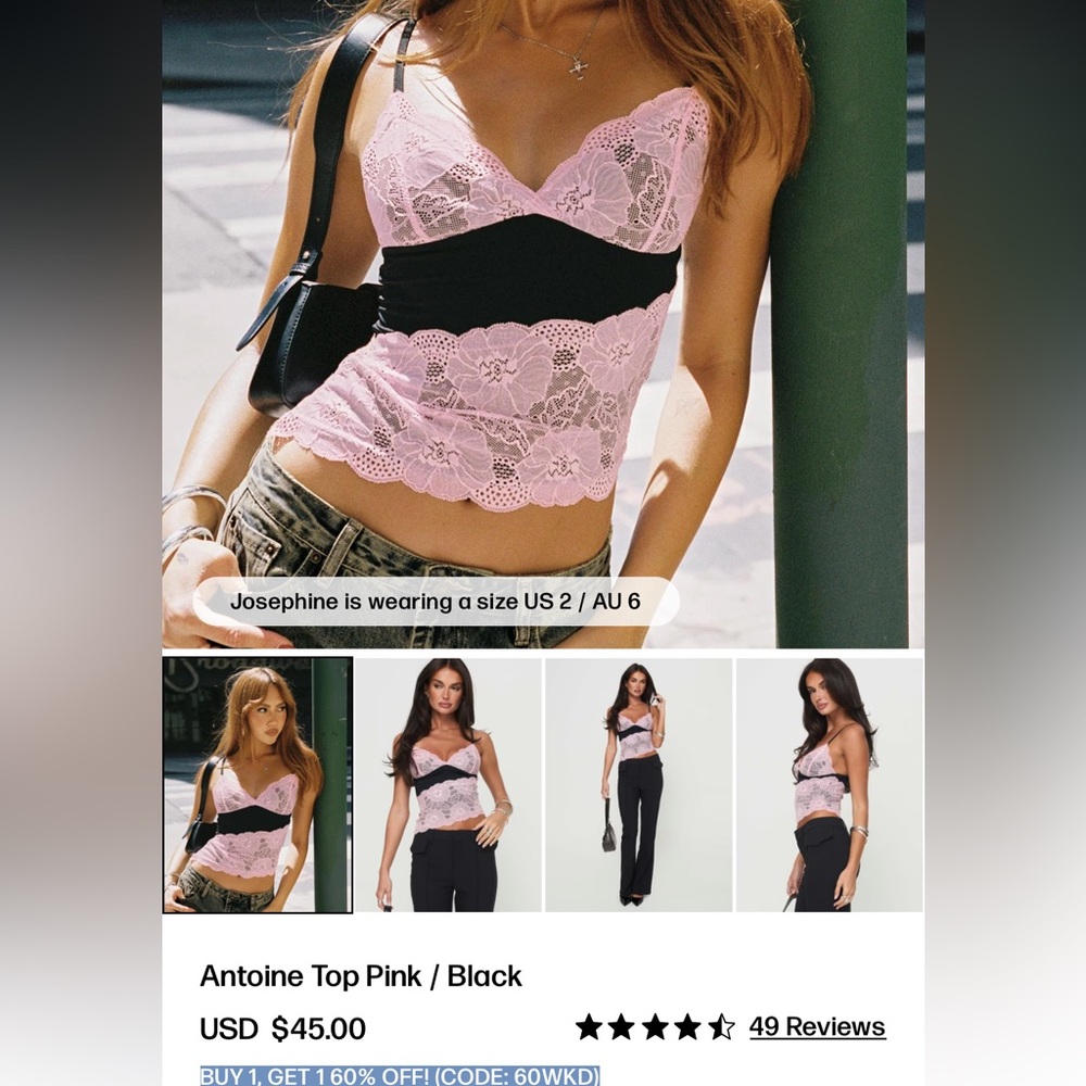 Princess Polly Antoine Pink and Black Lace Tank Top